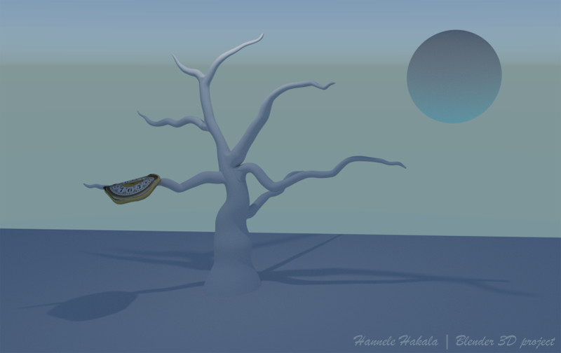 Kello, puu ja kuu. Blender 3D -maisema.